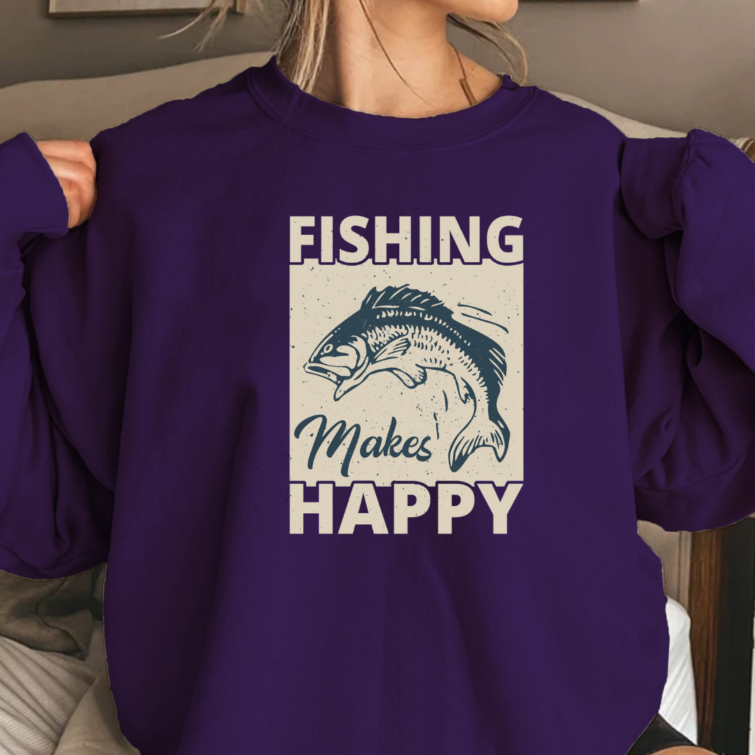 Fishing Makes Me Happy Crewneck Sweatshirt, Funny Angler Pullover, Outdoor Adventure Shirt, Fisherman Gift, Relaxing Hobby Graphic Tee