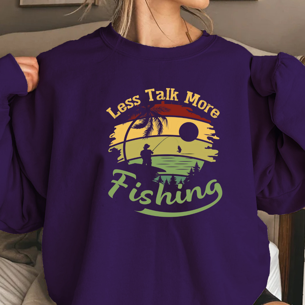 Fishing Crewneck Sweatshirt, "Less Talk More Fishing" Retro Sunset Design, Vintage Angler Pullover, Outdoor Adventure Shirt, Fisherman Gift Tee