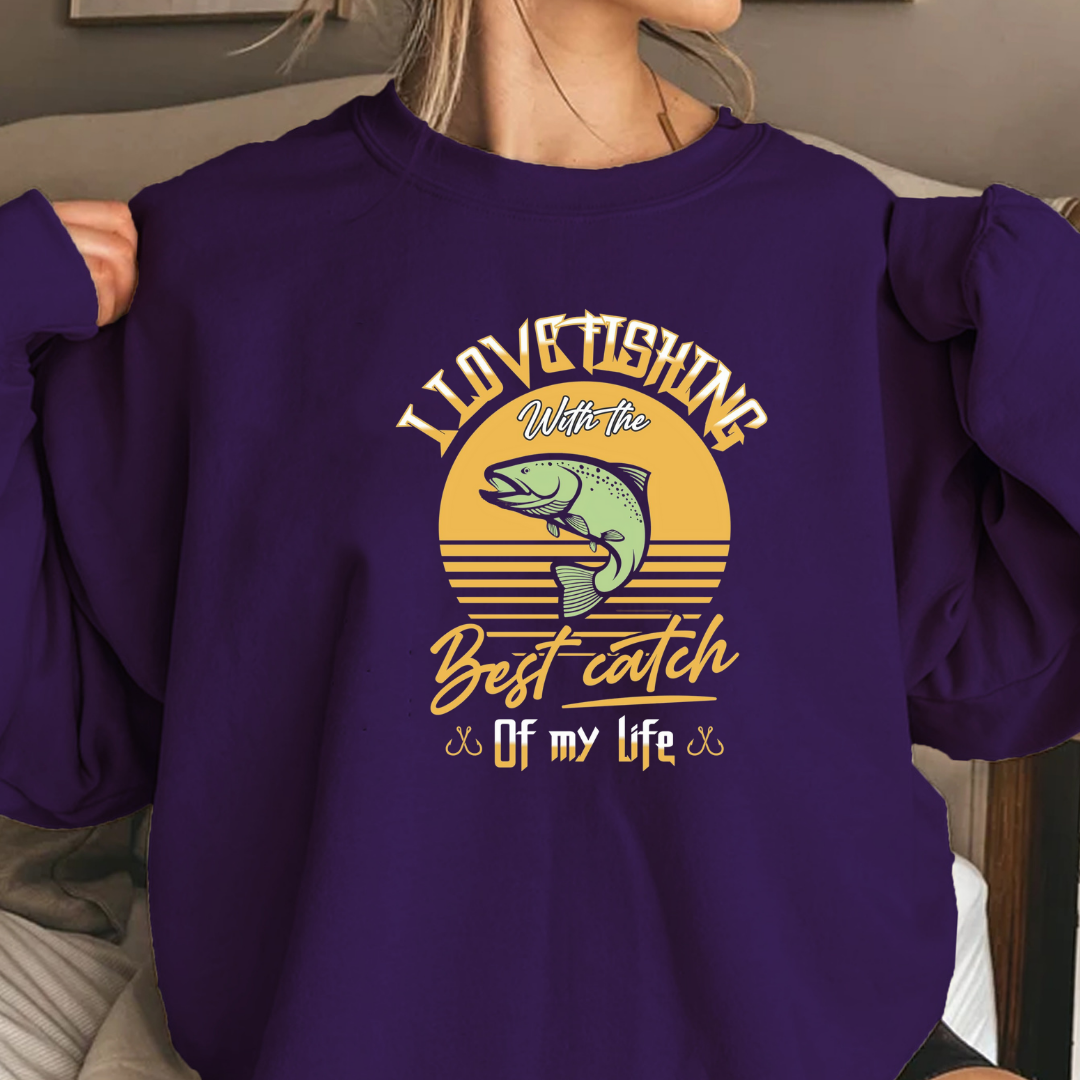 Crewneck Sweatshirt, Retro Sunset "Best Catches" Fishing Graphic, Vintage Angler Pullover, Outdoor Adventure Shirt, Fisherman Gift Tee