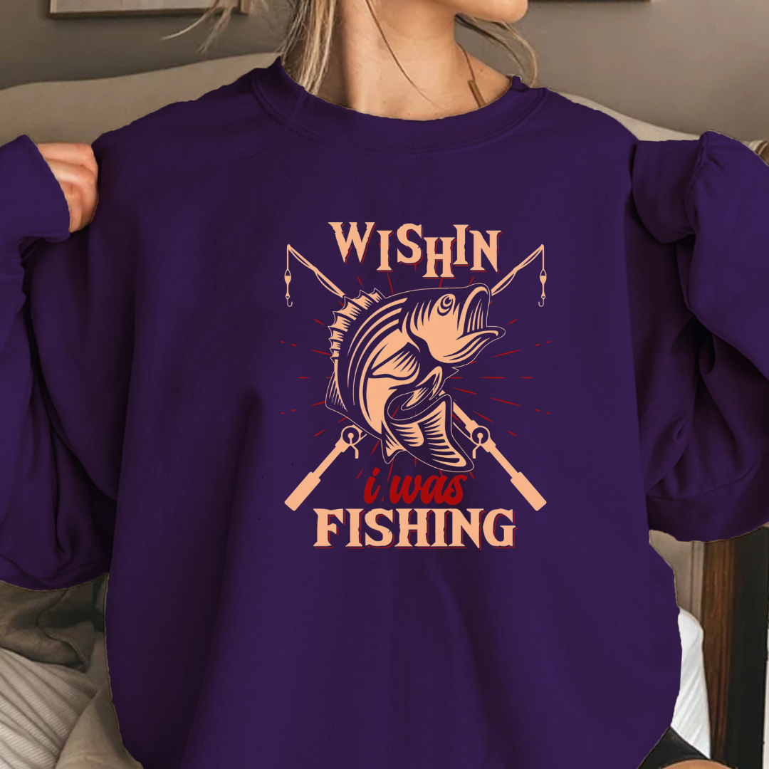 Fishing Crewneck Sweatshirt, "Wishin I Was Fishing" Retro Graphic, Vintage Angler Pullover, Outdoor Adventure Shirt, Fisherman Gift Tee
