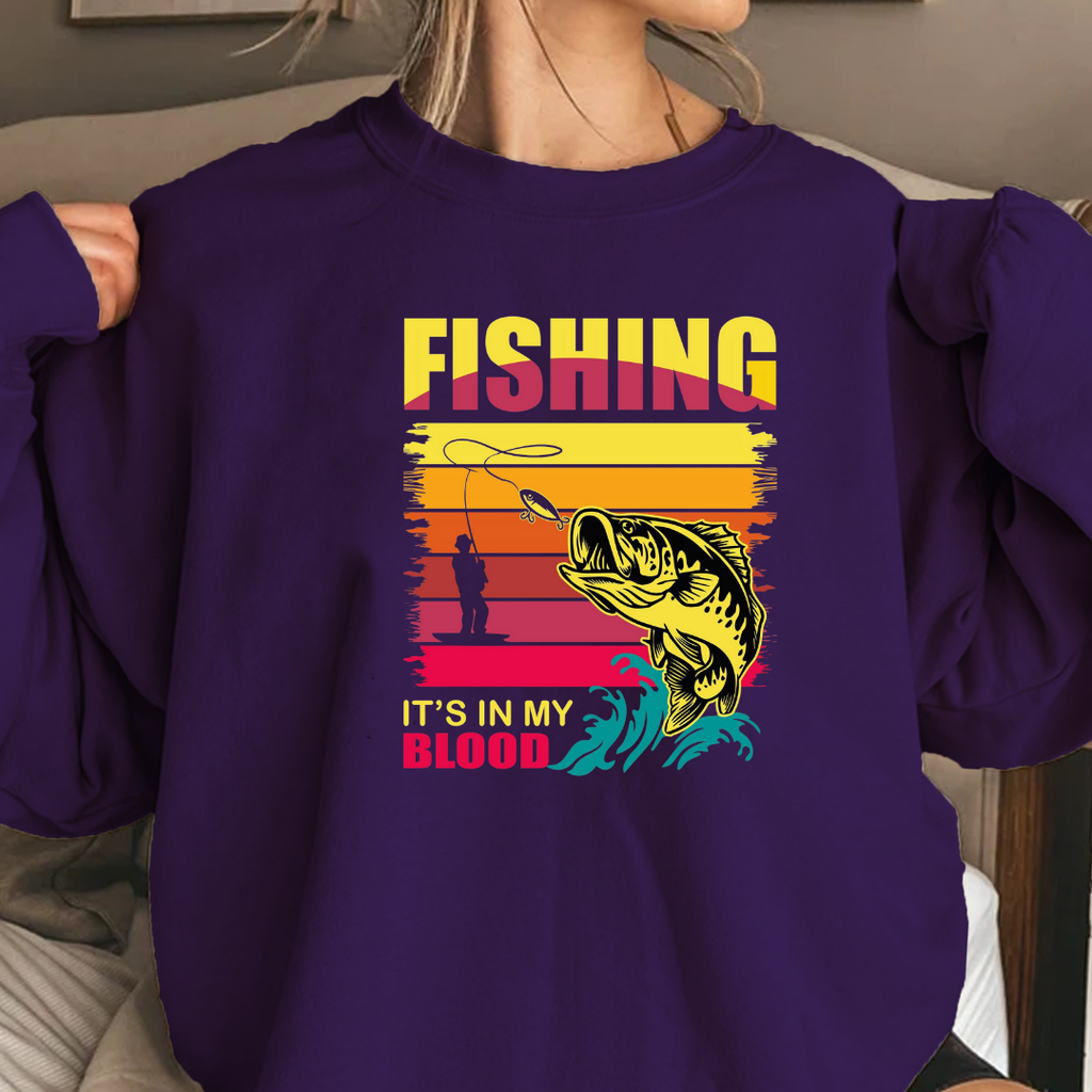 Fishing Crewneck Sweatshirt, Vintage Bass Graphic "Fishing Blood" Retro Sunset, Angler Pullover, Outdoor Adventure Shirt, Fisherman Gift Tee