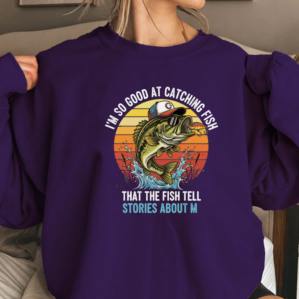 Fishing Crewneck Sweatshirt, "Stories About M" Retro Bass Graphic, Funny Angler Shirt, Outdoor Adventure Pullover, Fisherman Gift Tee
