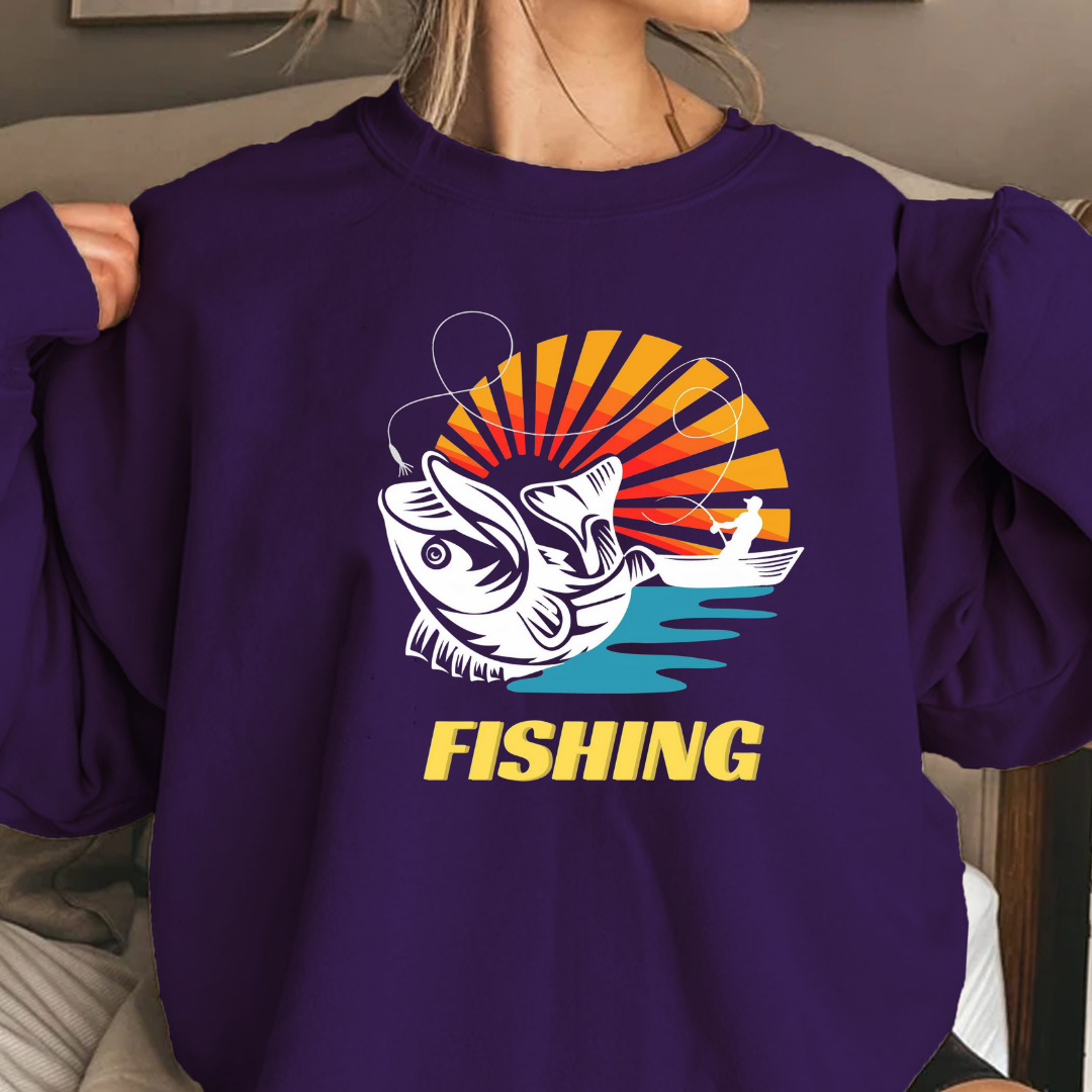 Fishing Sunset Crewneck Sweatshirt, Retro Angler Graphic Pullover, Outdoor Adventure Shirt, Vintage Fishing Gift, Relaxing Hobby Tee