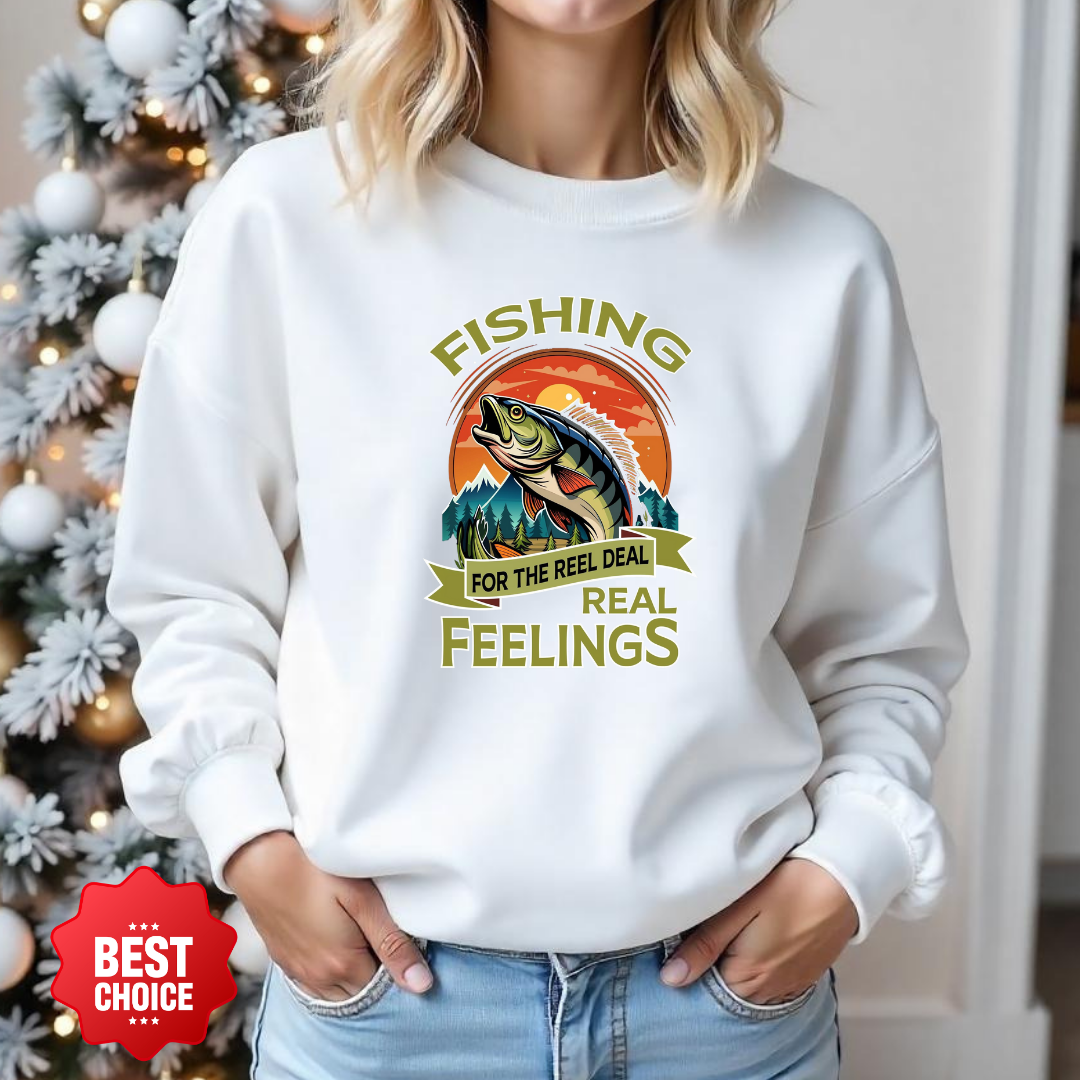 Fishing Crewneck Sweatshirt, "Fishing for the Real Feelings" Retro Trout Design, Angler Gift, Outdoor Adventure Pullover, Fisherman Shirt