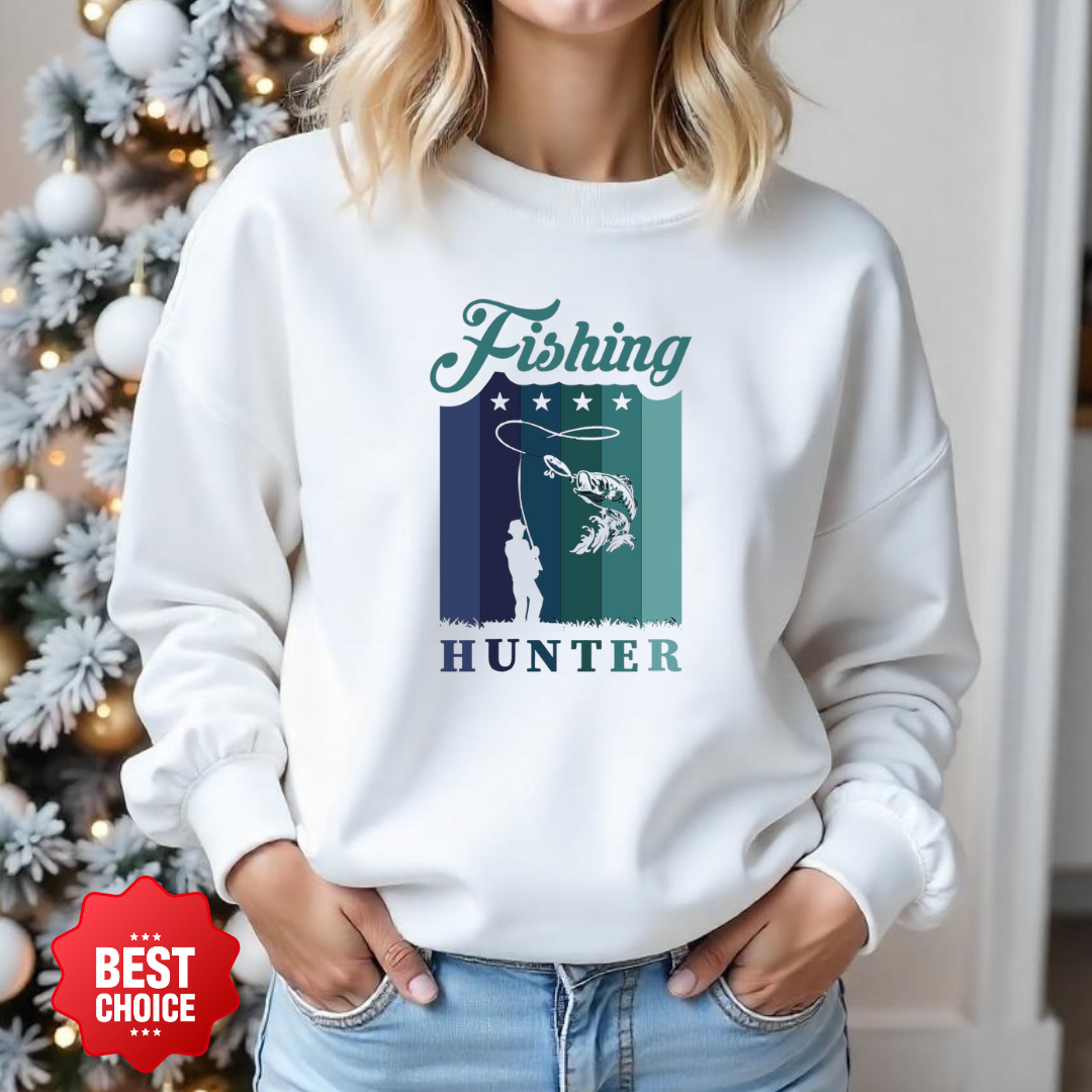 Fishing Hunter Crewneck Sweatshirt, Retro Angler Graphic Pullover, Outdoor Adventure Shirt, Fisherman Gift, Vintage Fishing Hobby Tee