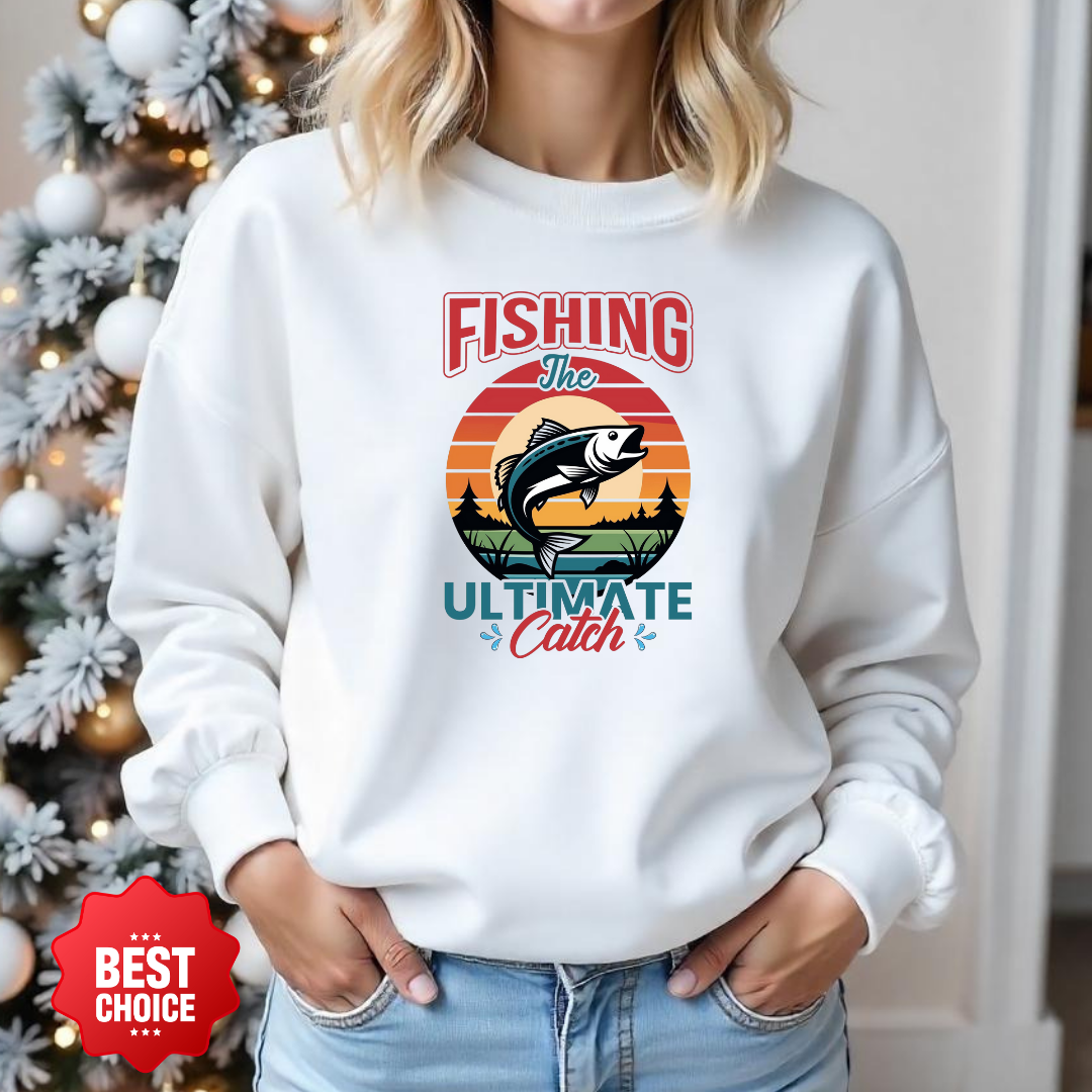 Fishing Crewneck Sweatshirt, “Fishing The Ultimate Catch” Retro Sunset Design, Angler Pullover, Outdoor Adventure Shirt, Fisherman Gift Tee