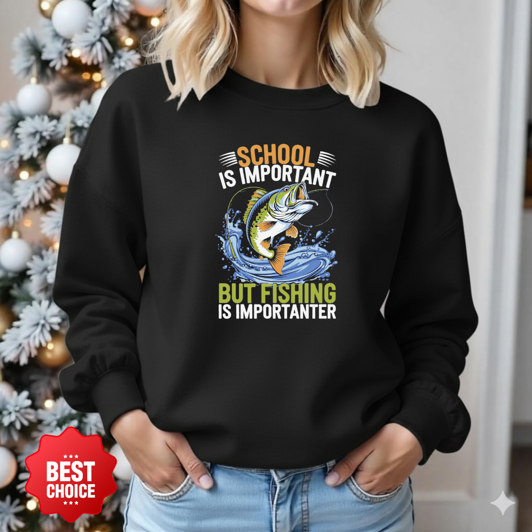 Fishing Crewneck Sweatshirt, "School But Fishing" Graphic, Funny Angler Shirt, Outdoor Adventure Pullover, Fisherman Gift, Relaxing Hobby Tee