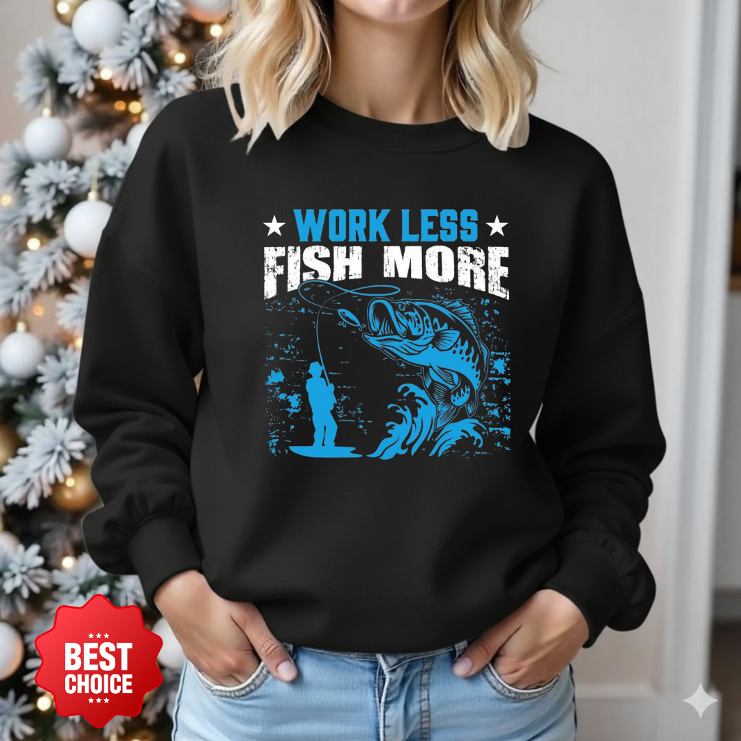 Crewneck Sweatshirt, "Work Less" Surf Vintage Graphic, Retro Beach Pullover, Casual Unisex Shirt, Cozy Coastal Tee, Summer Vibes Gift