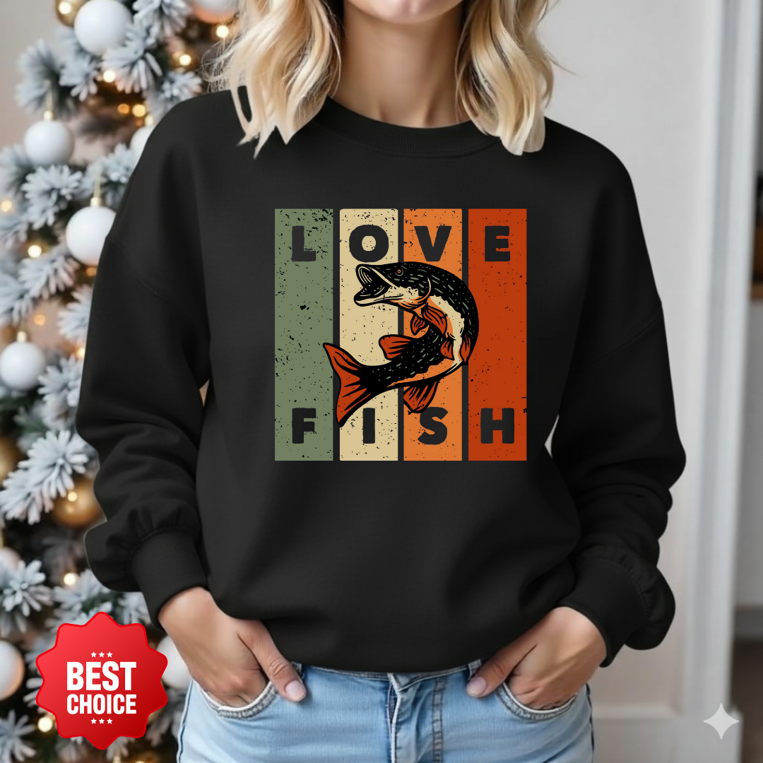 Love Fish Crewneck Sweatshirt, Retro Fishing Graphic Pullover for Anglers, Vintage Angler Shirt, Outdoor Adventure Top, Fisherman Gift Tee