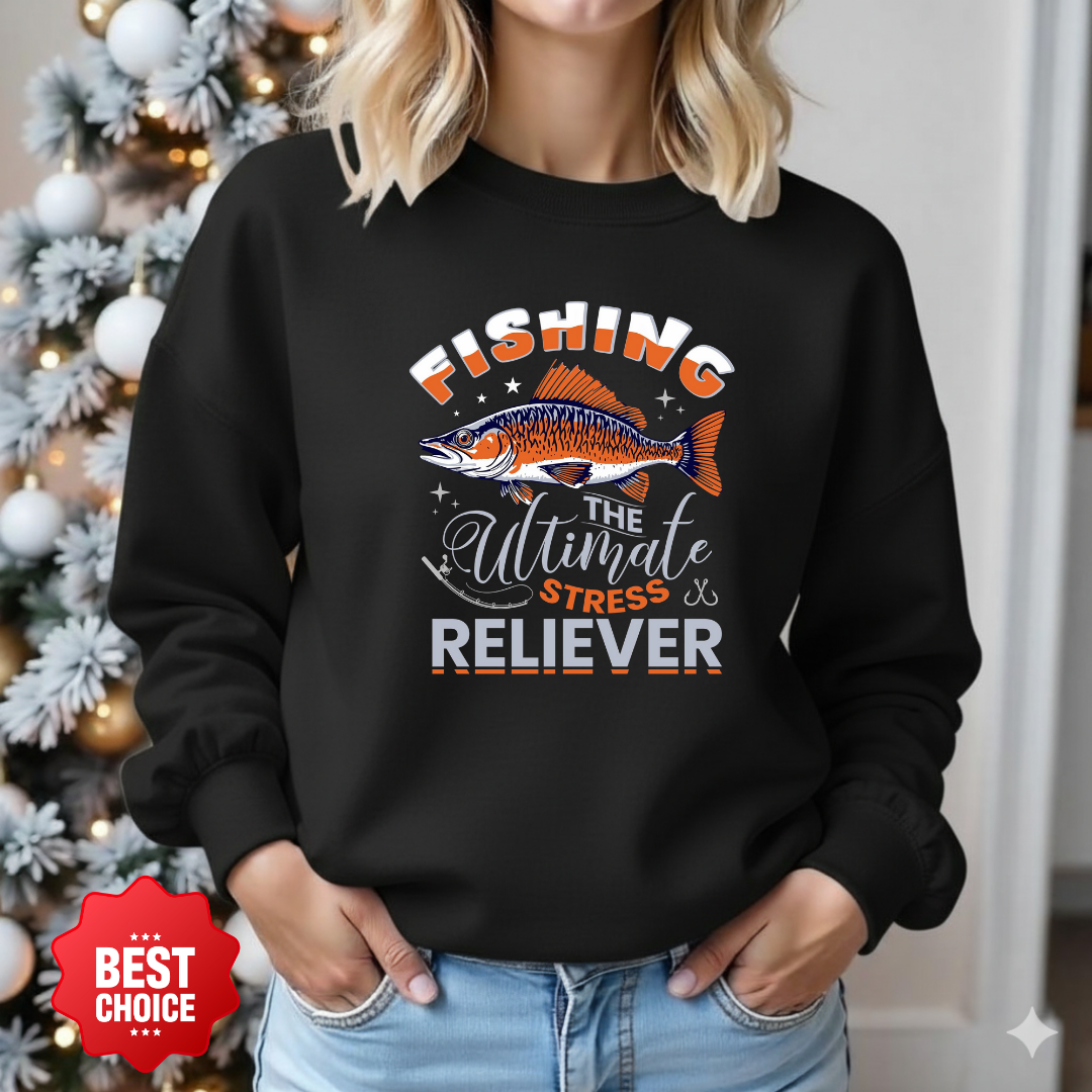Crewneck Sweatshirt, "Fishing: The Ultimate Stress Reliever" Vintage Graphic, Funny Angler Pullover, Outdoor Adventure Shirt, Fisherman Gift Tee