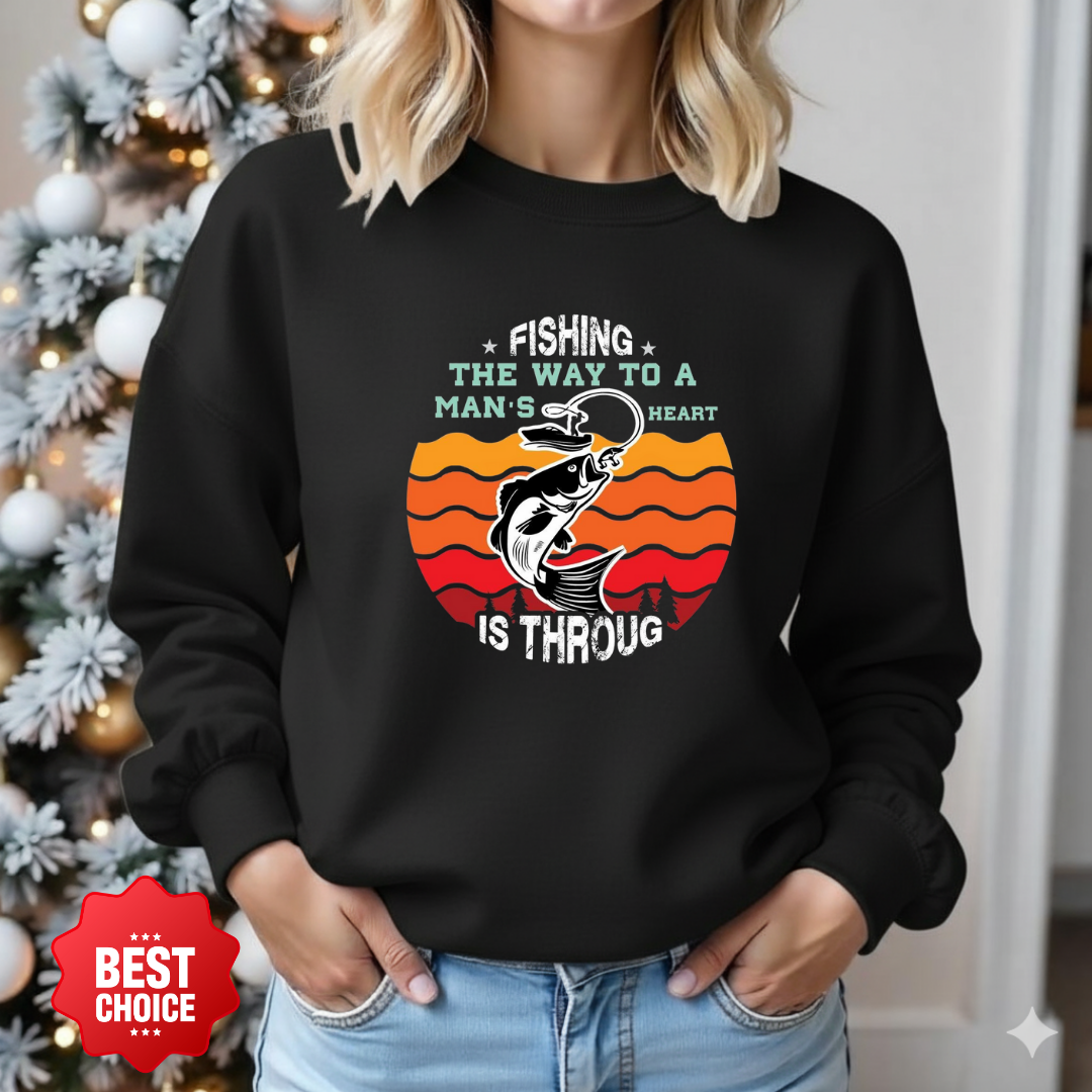 Crewneck Sweatshirt, Funny Fishing & BBQ Shirt, Retro Graphic Tee, Man’s Heart Quote, Outdoor Cooking Gift, Angler Lifestyle Apparel
