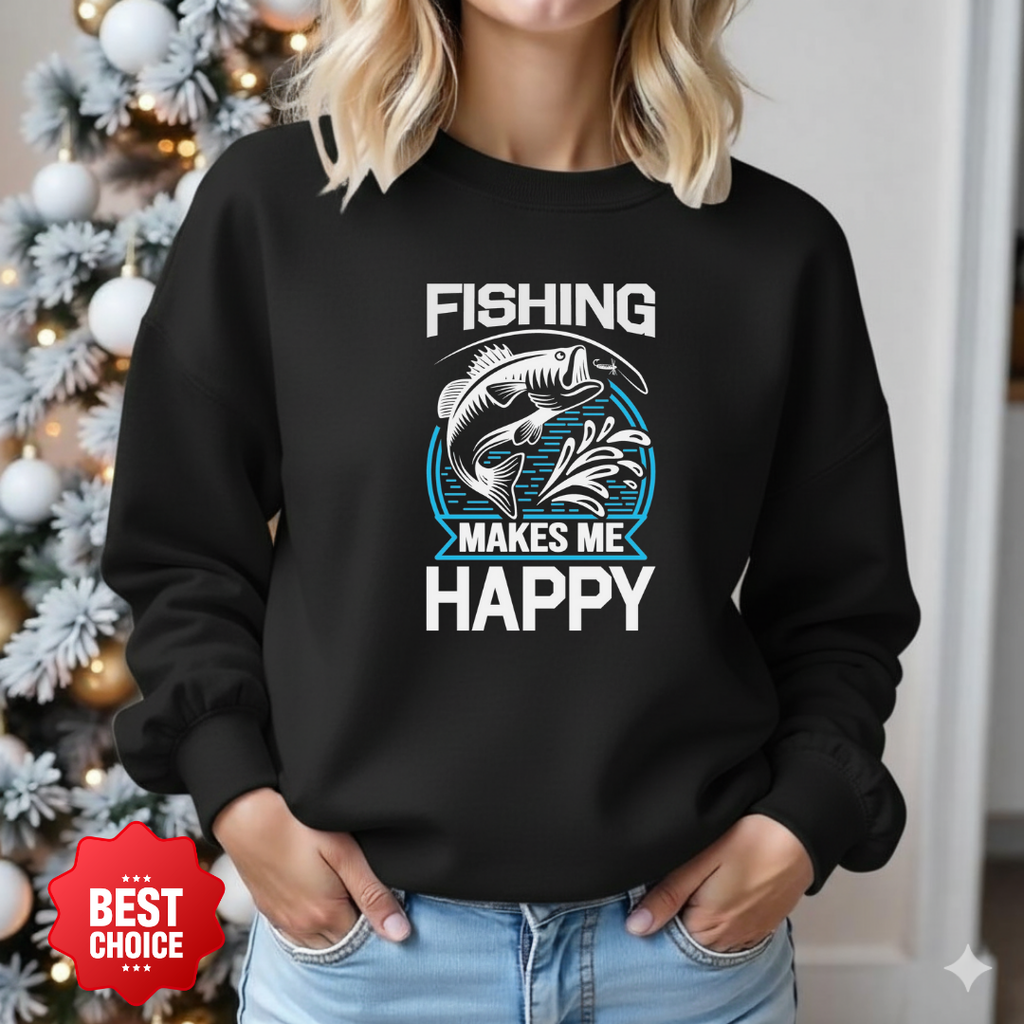 Fishing Happy Crewneck Sweatshirt, Relaxed Fishing Graphic Pullover, Funny Angler Shirt, Outdoor Adventure Apparel, Fisherman Gift Tee