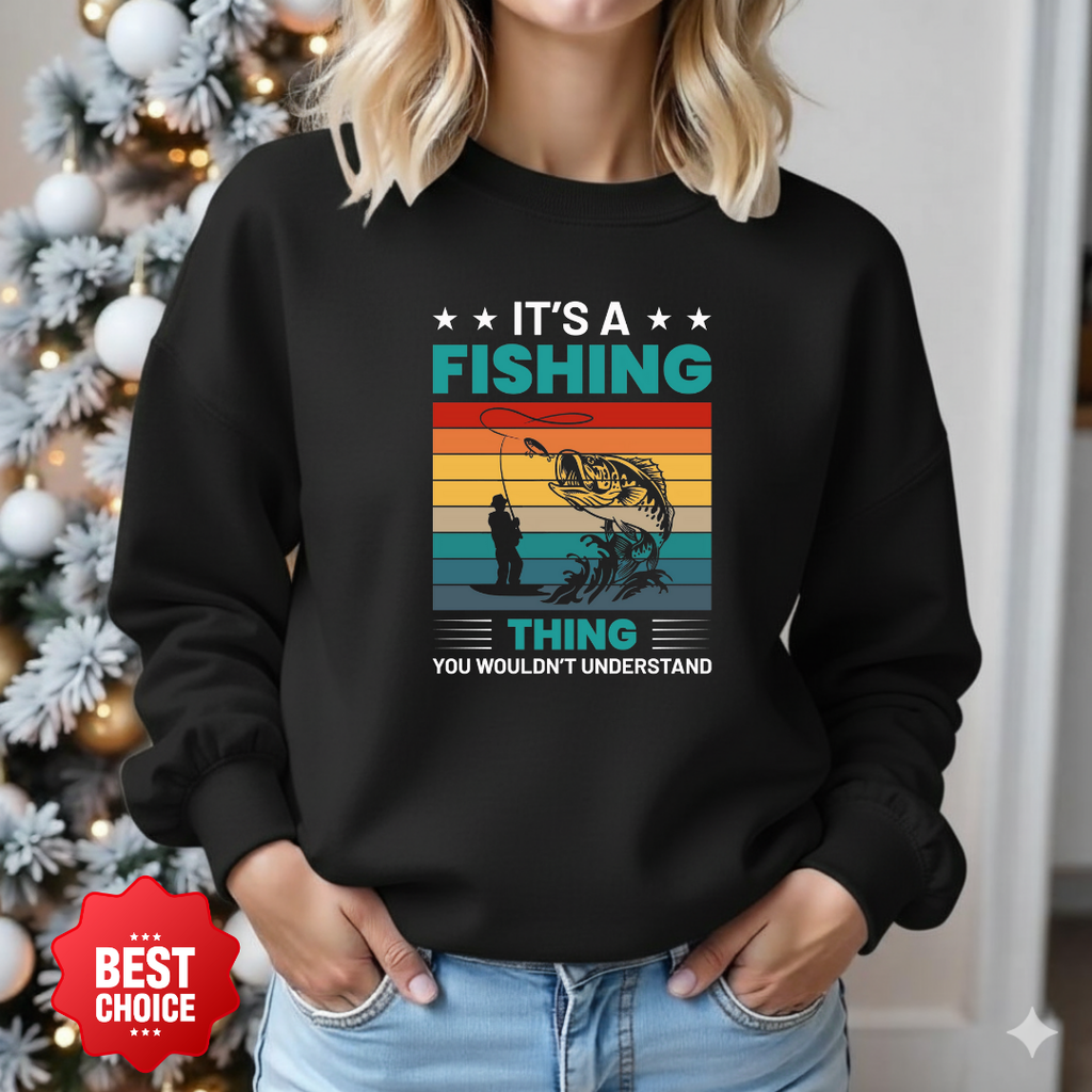 Fishing Thing Crewneck Sweatshirt, Retro Striped Angler Graphic, Funny Fishing Shirt, Outdoor Adventure Pullover, Fisherman Gift Tee