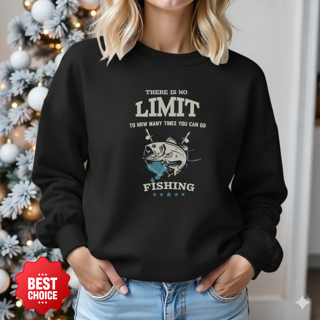 Fishing Crewneck Sweatshirt, "No Limit" Ocean Graphic, Retro Angler Pullover, Outdoor Adventure Shirt, Fisherman Gift, Relaxing Hobby Tee