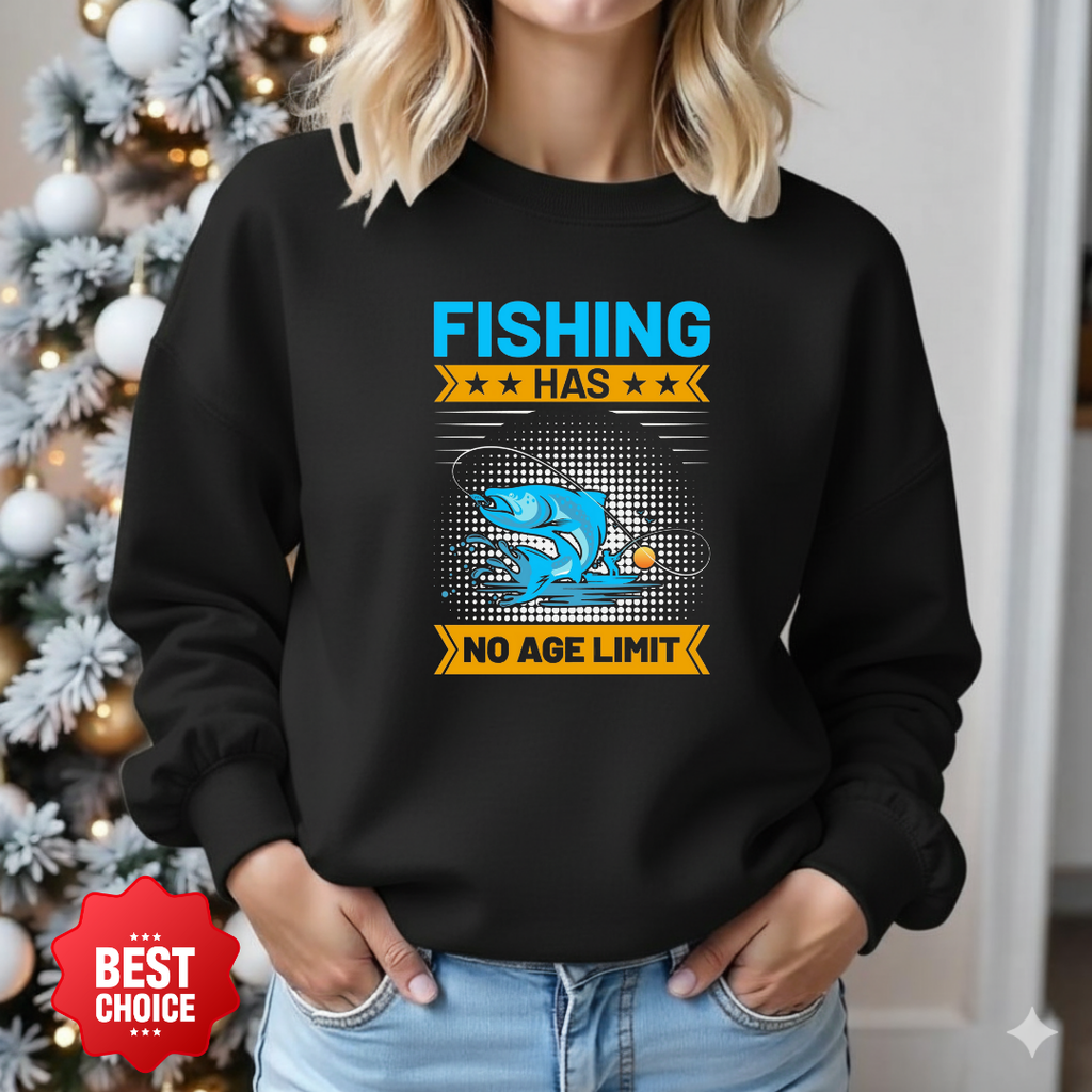 Fishing Has No Age Limit Crewneck Sweatshirt, Vintage Angler Graphic, Retro Fishing Pullover, Outdoor Adventure Shirt, Fisherman Gift Tee