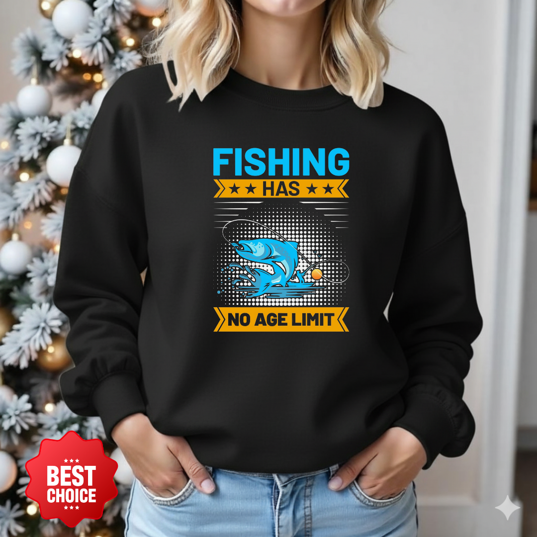 Fishing Has No Age Limit Crewneck Sweatshirt, Vintage Angler Graphic, Retro Fishing Pullover, Outdoor Adventure Shirt, Fisherman Gift Tee