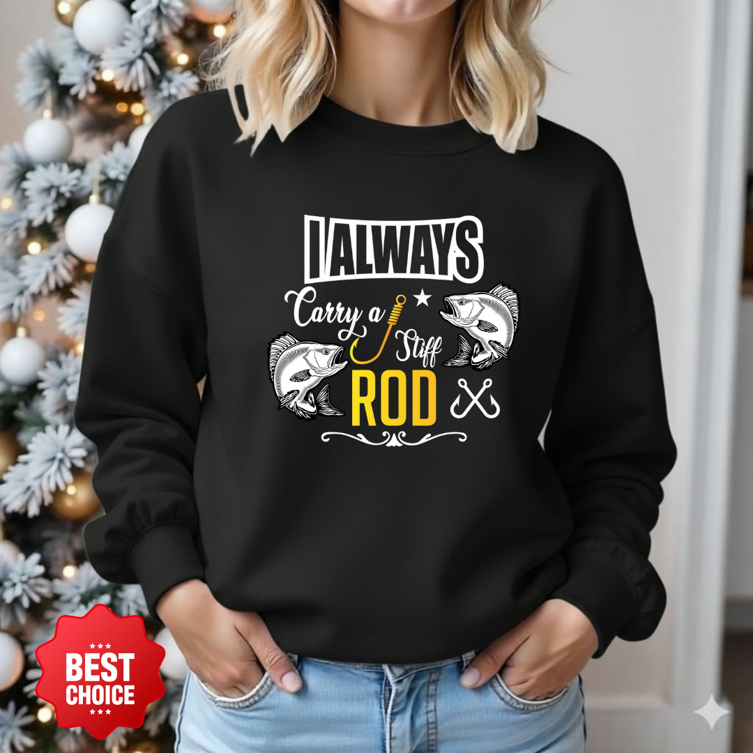 Fishing Rod Crewneck Sweatshirt, "Rod" Bass Fishing Graphic, Retro Angler Pullover, Outdoor Adventure Shirt, Fisherman Gift, Relaxing Hobby Tee