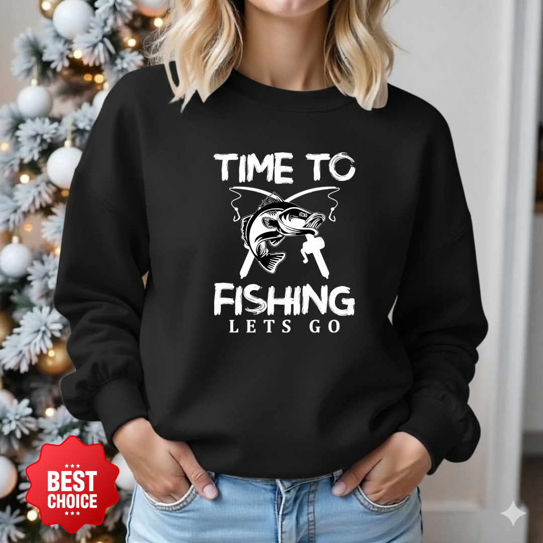 Fishing Crewneck Sweatshirt, Retro Fish Graphic "Time to Go Fishing", Vintage Angler Pullover, Outdoor Adventure Shirt, Fisherman Gift Tee