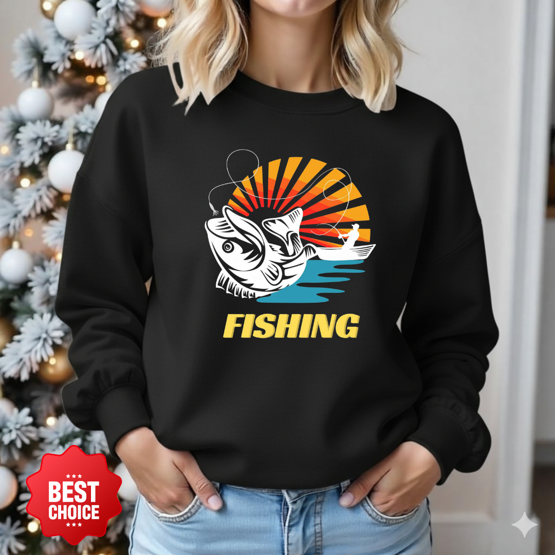Fishing Sunset Crewneck Sweatshirt, Retro Angler Graphic Pullover, Outdoor Adventure Shirt, Vintage Fishing Gift, Relaxing Hobby Tee