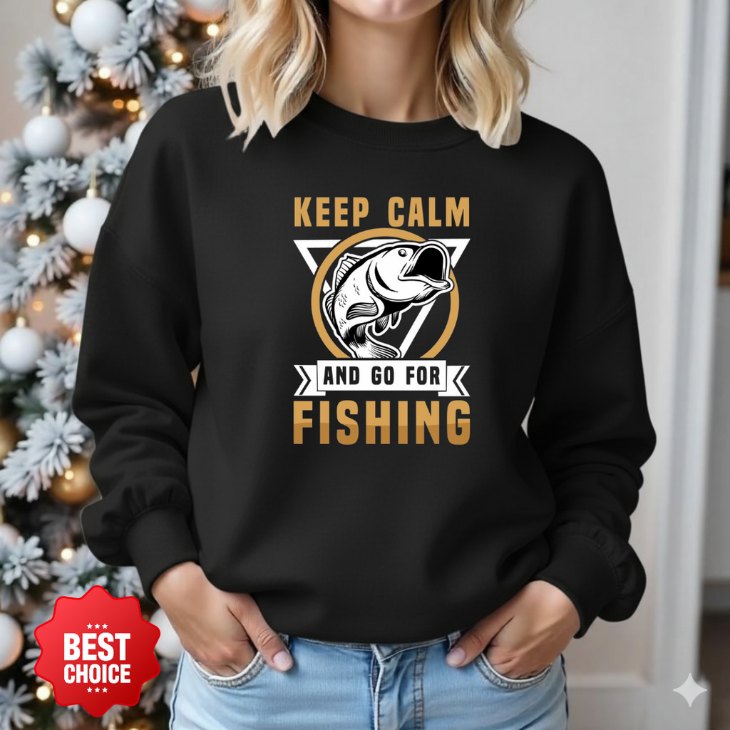 Keep Calm Fishing Crewneck Sweatshirt, Graphic Fishing Sweatshirt for Anglers, Retro Fish Pullover, Outdoor Adventure Shirt, Fisherman Gift Tee