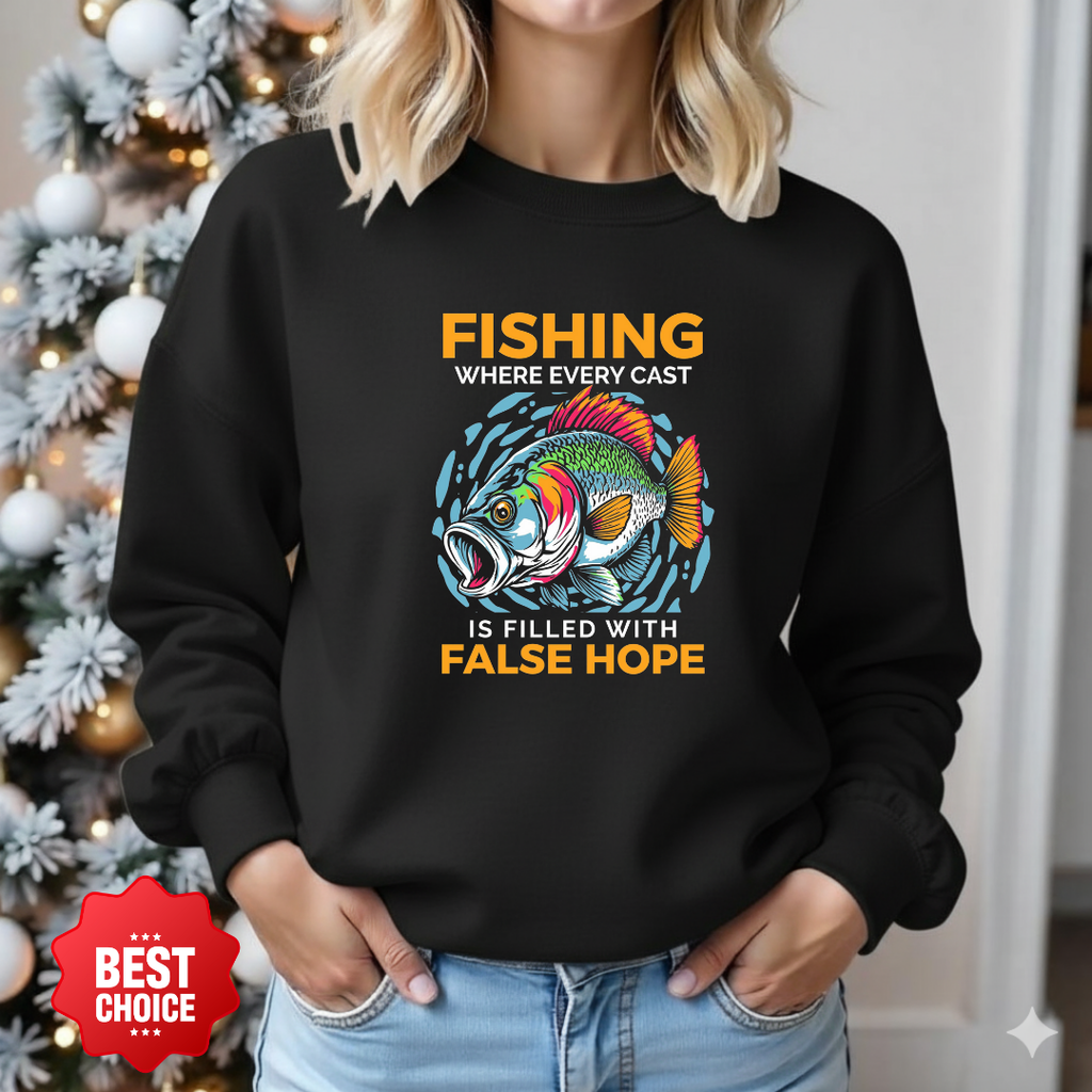 Fishing "False Hope" Crewneck Sweatshirt, Funny Angler Graphic, Retro Fishing Pullover, Outdoor Adventure Shirt, Fisherman Gift Tee