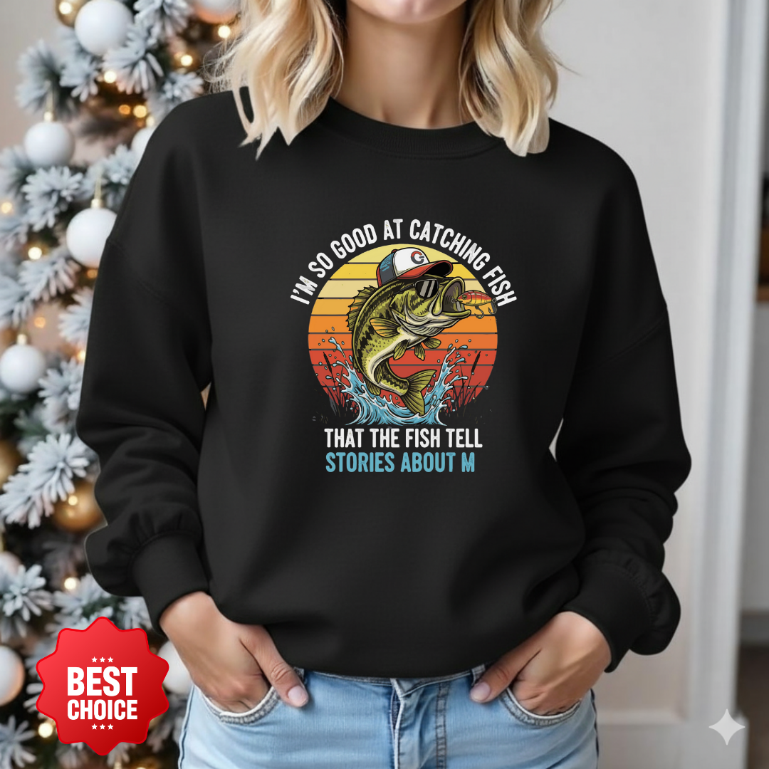 Fishing Crewneck Sweatshirt, "Stories About M" Retro Bass Graphic, Funny Angler Shirt, Outdoor Adventure Pullover, Fisherman Gift Tee