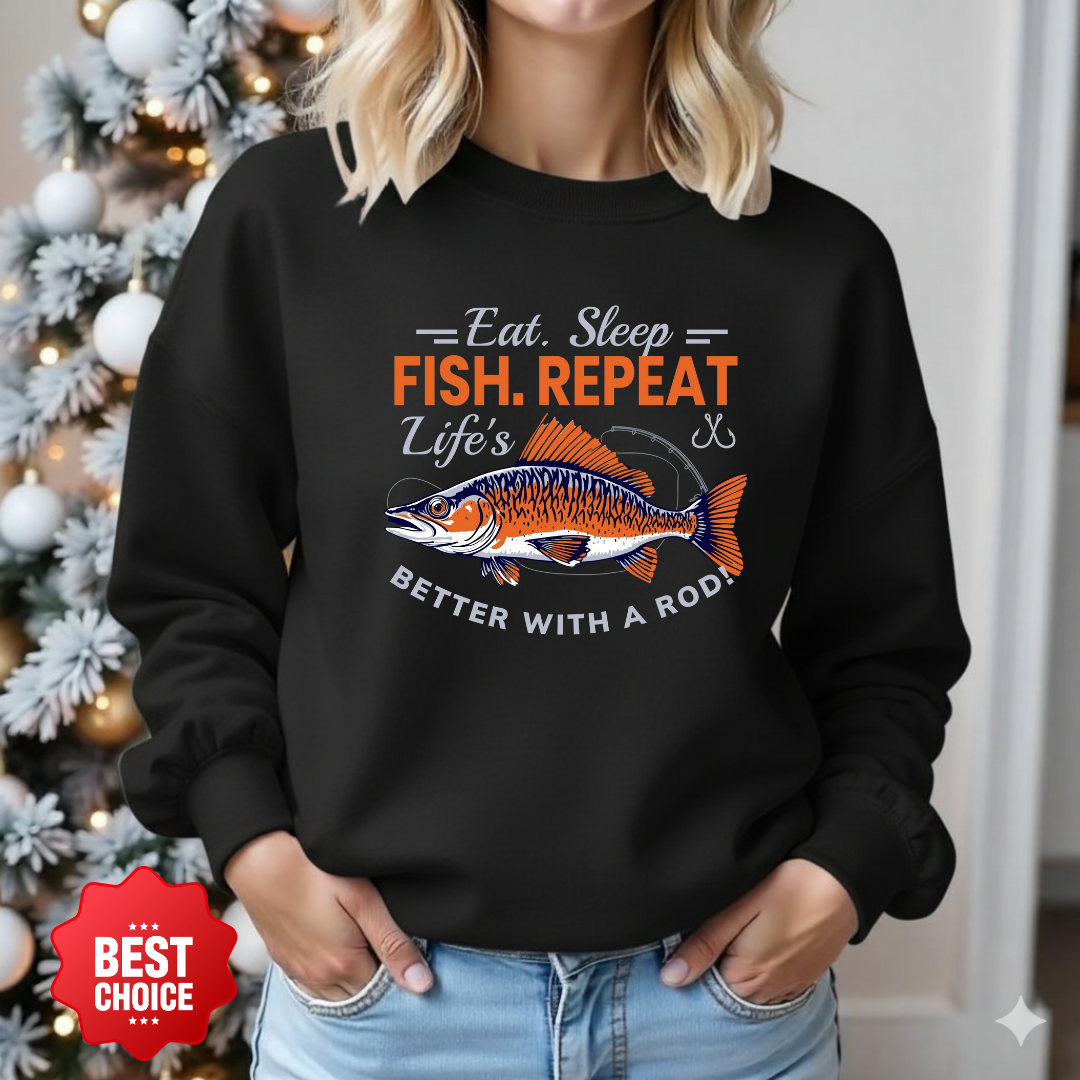 Fishing Crewneck Sweatshirt, "Eat. Sleep. Fish. Repeat." Graphic, Funny Angler Pullover, Outdoor Adventure Shirt, Fisherman Gift Tee