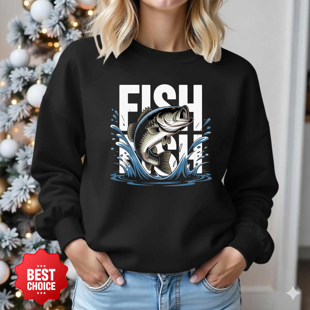 Bass Fishing Crewneck Sweatshirt, Leaping Bass Graphic, Vintage Angler Pullover, Outdoor Adventure Shirt, Fisherman Gift, Fishing Hobby Tee