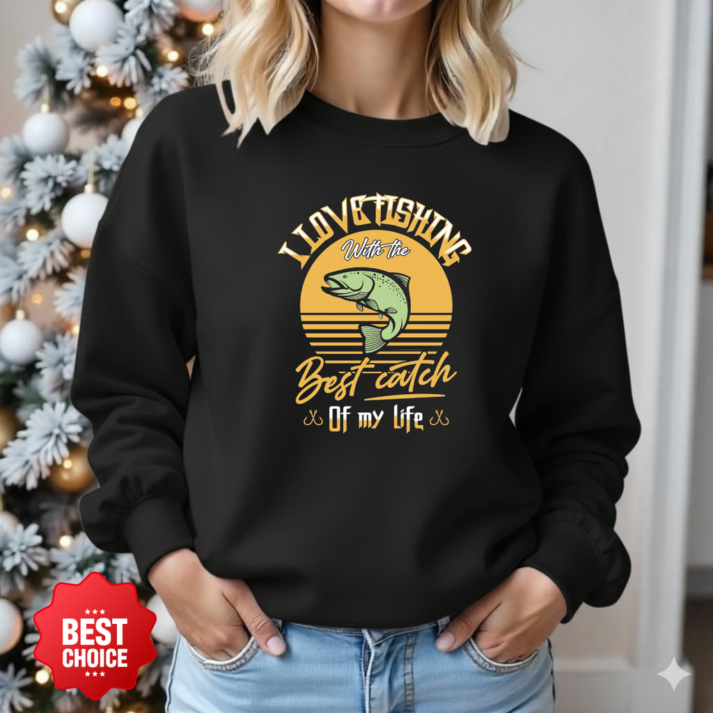 Crewneck Sweatshirt, Retro Sunset "Best Catches" Fishing Graphic, Vintage Angler Pullover, Outdoor Adventure Shirt, Fisherman Gift Tee