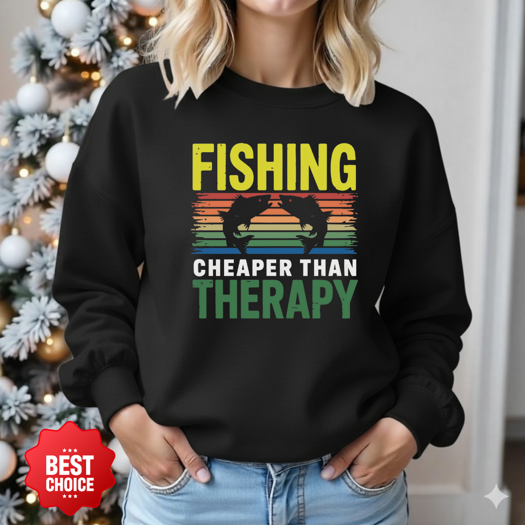 Fishing Therapy Crewneck Sweatshirt, Retro Lake Angler Graphic, Funny Angler Pullover, Outdoor Adventure Shirt, Fisherman Gift, Relaxing Hobby Tee