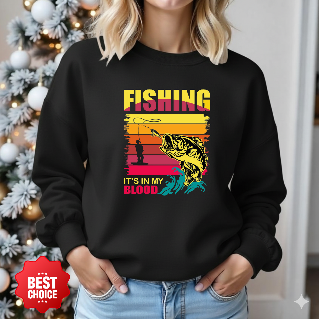 Fishing Crewneck Sweatshirt, Vintage Bass Graphic "Fishing Blood" Retro Sunset, Angler Pullover, Outdoor Adventure Shirt, Fisherman Gift Tee