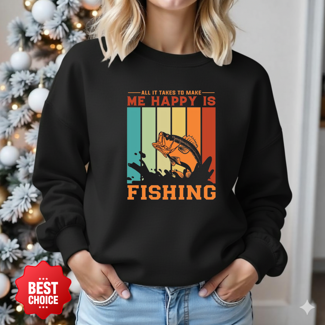 Fishing Crewneck Sweatshirt, "Me Happy Is Fishing" Retro Fish Design, Funny Angler Pullover, Outdoor Adventure Shirt, Fisherman Gift Tee