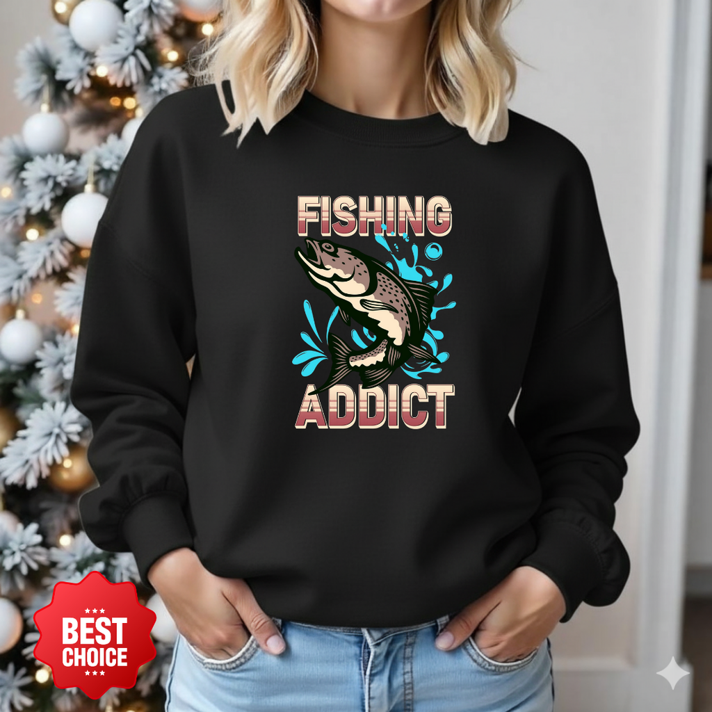 Fishing Addict Sweatshirt, Bass Graphic Crewneck for Fishermen & Outdoor Lovers, Retro Angler Pullover, Outdoor Adventure Shirt, Fisherman Gift Tee