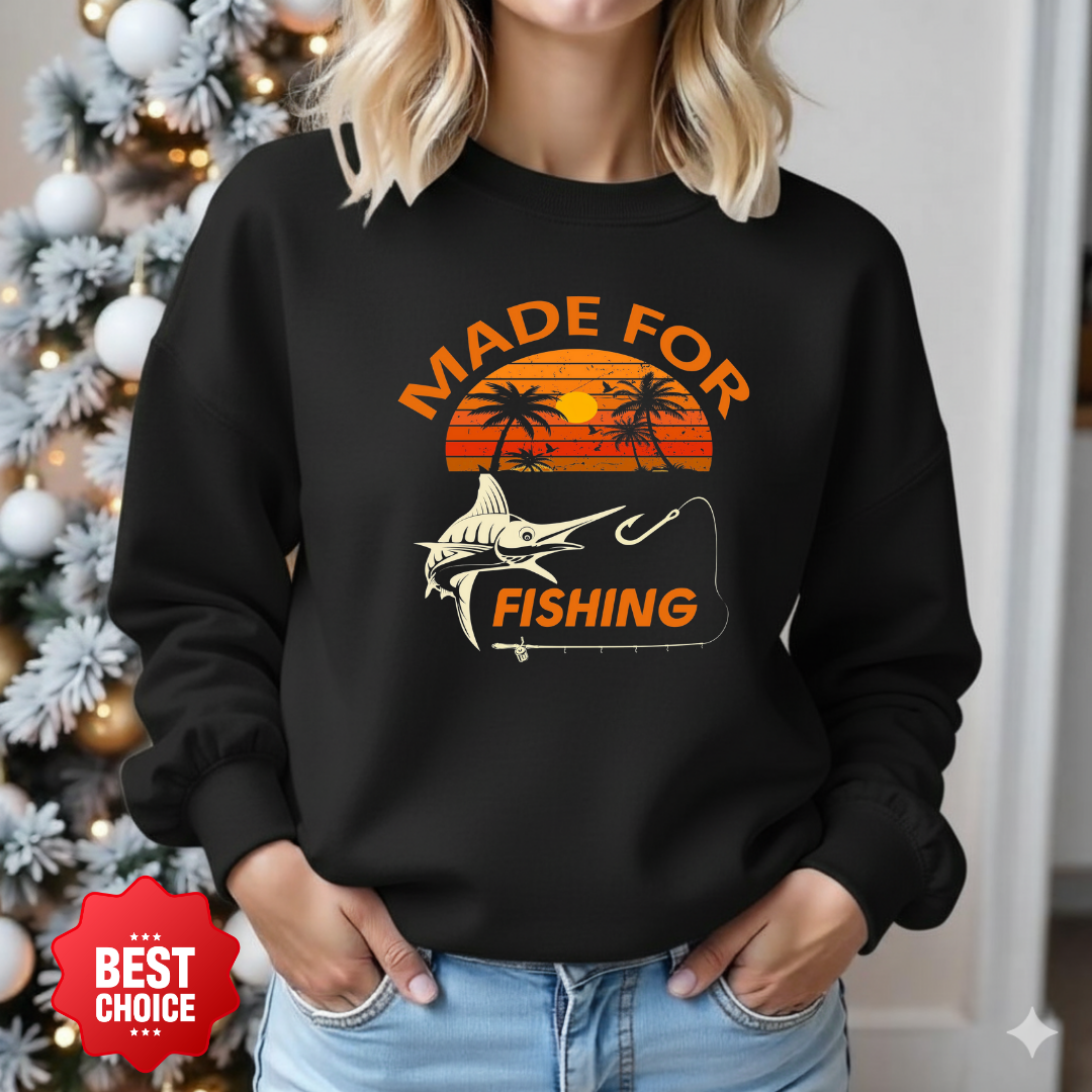 Made For Fishing Crewneck Sweatshirt, Retro Sunset Angler Pullover, Vintage Fishing Shirt, Outdoor Adventure Apparel, Fisherman Gift Tee
