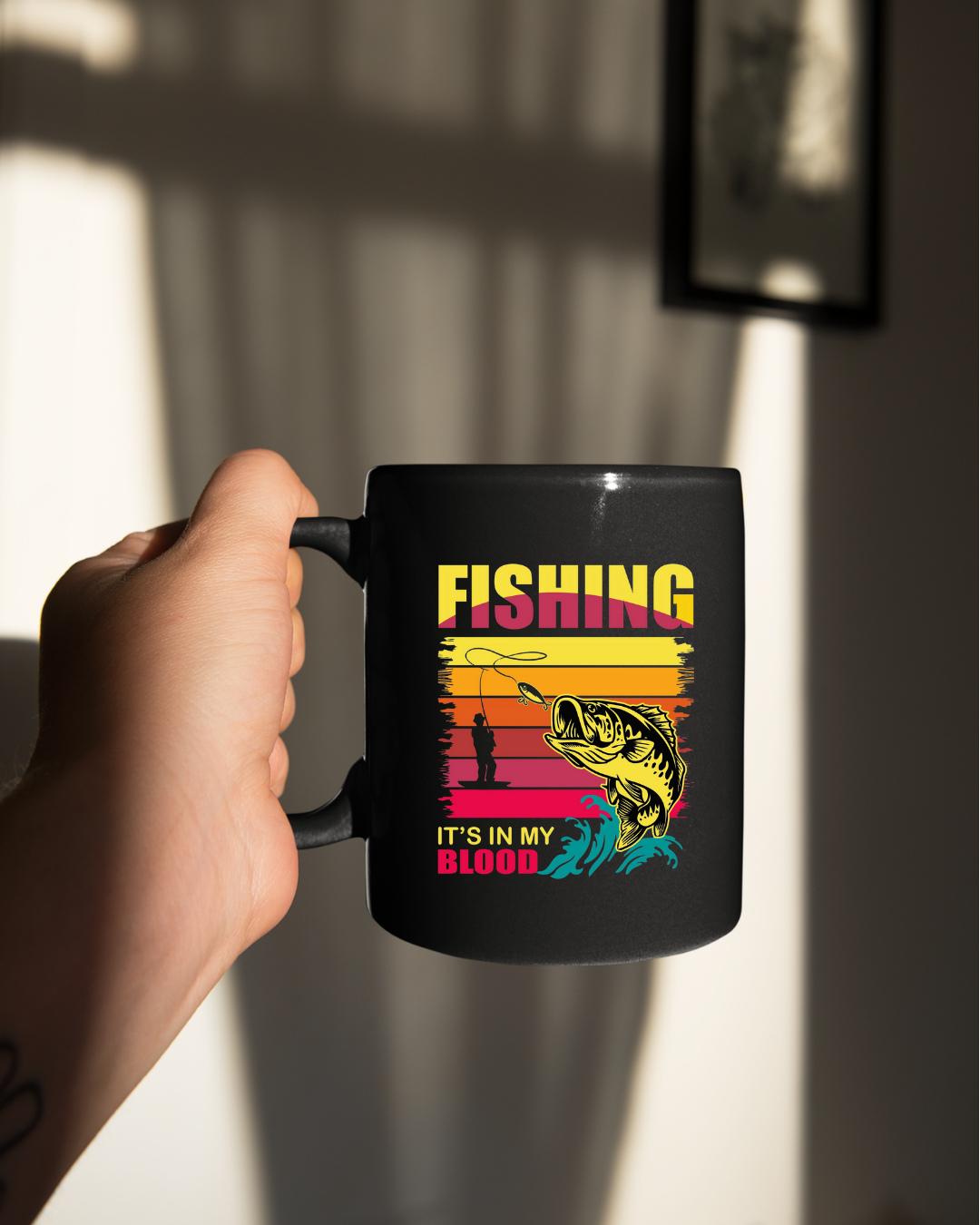 Fishing Crewneck Sweatshirt, Vintage Bass Graphic "Fishing Blood" Retro Sunset, Angler Pullover, Outdoor Adventure Shirt, Fisherman Gift Tee