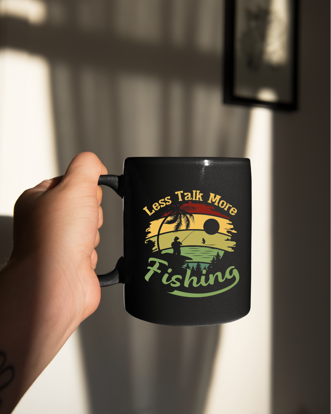 Fishing Crewneck Sweatshirt, "Less Talk More Fishing" Retro Sunset Design, Vintage Angler Pullover, Outdoor Adventure Shirt, Fisherman Gift Tee