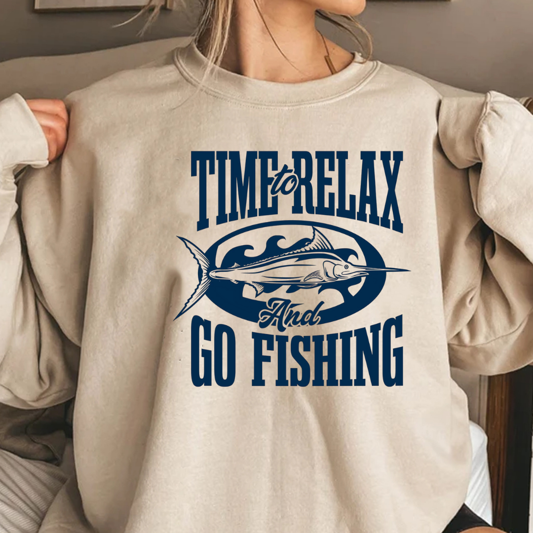 Fishing Crewneck Sweatshirt, "Time to Relax and Go Fishing" Graphic, Funny Angler Pullover, Outdoor Adventure Shirt, Fisherman Gift Tee