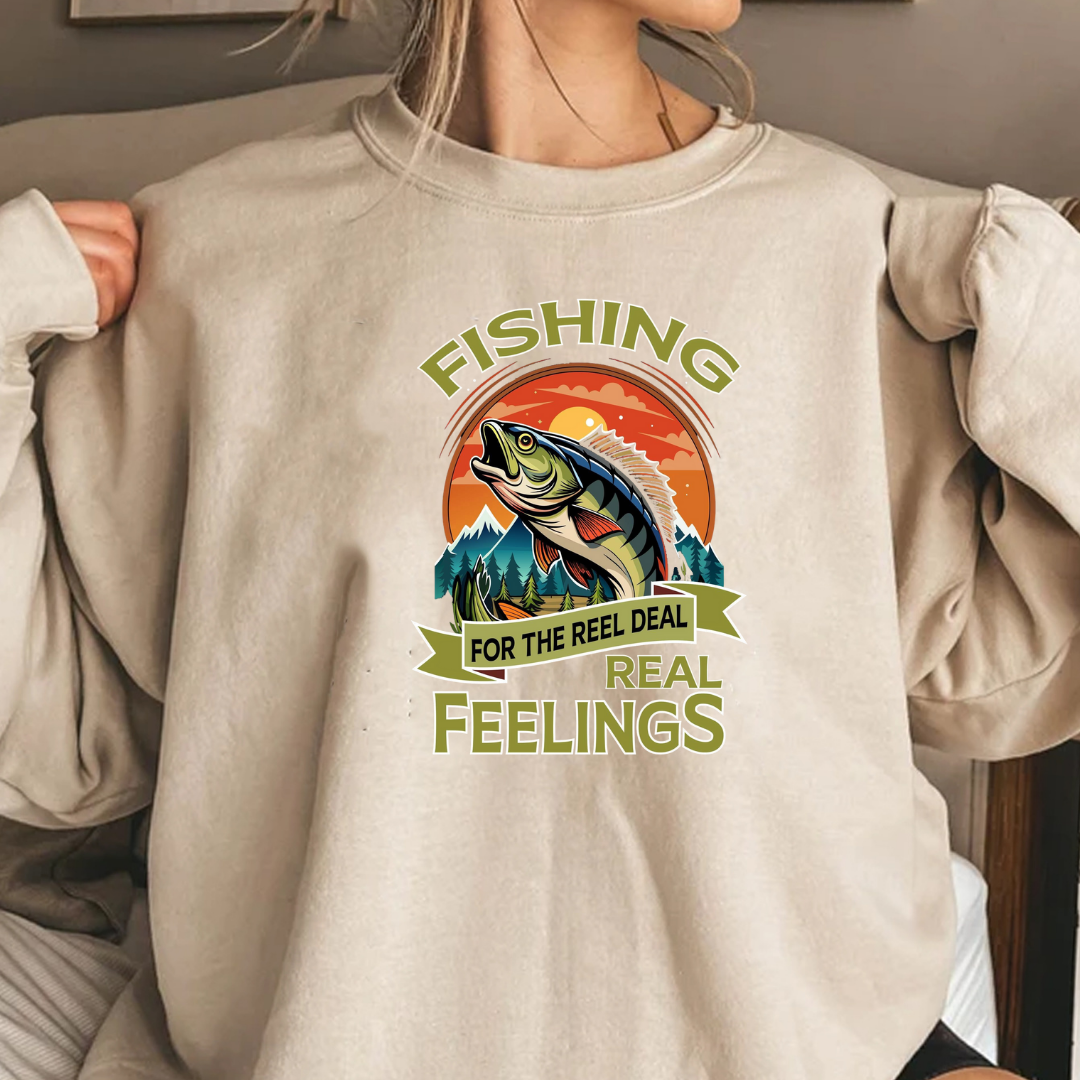 Fishing Crewneck Sweatshirt, "Fishing for the Real Feelings" Retro Trout Design, Angler Gift, Outdoor Adventure Pullover, Fisherman Shirt