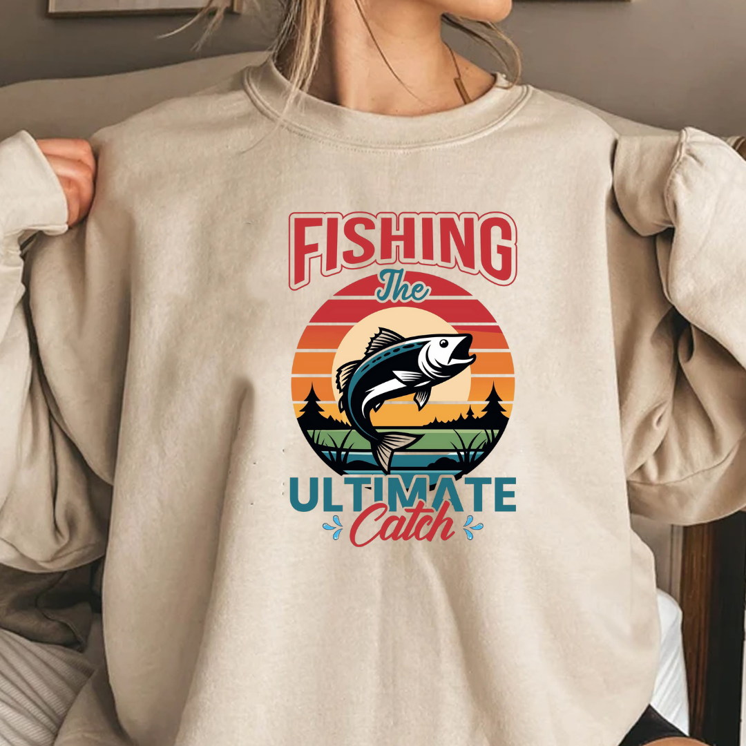 Fishing Crewneck Sweatshirt, “Fishing The Ultimate Catch” Retro Sunset Design, Angler Pullover, Outdoor Adventure Shirt, Fisherman Gift Tee