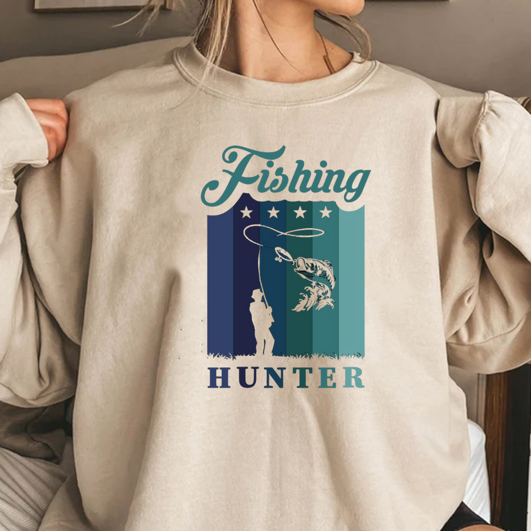 Fishing Hunter Crewneck Sweatshirt, Retro Angler Graphic Pullover, Outdoor Adventure Shirt, Fisherman Gift, Vintage Fishing Hobby Tee