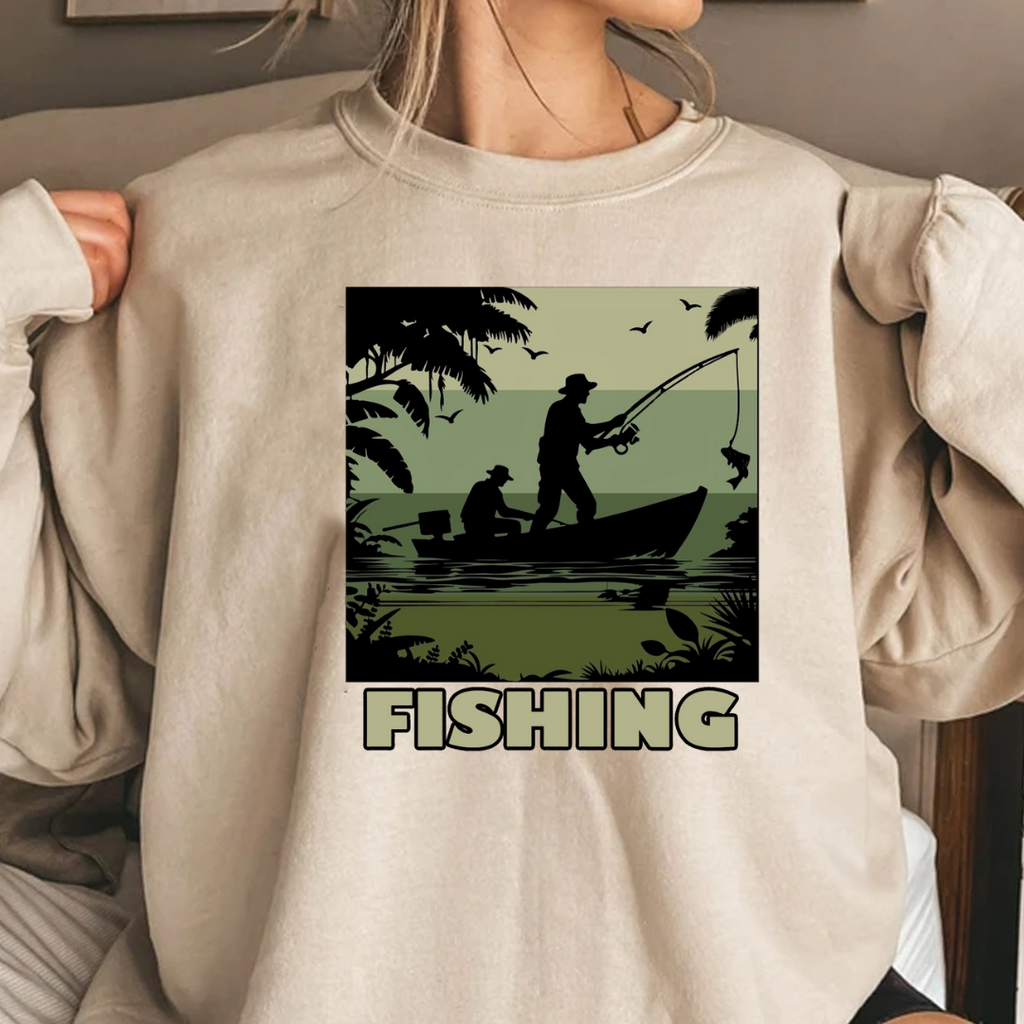 Fishing Camouflage Crewneck Sweatshirt, Retro Angler Graphic Pullover, Outdoor Adventure Shirt, Fisherman Gift, Relaxing Hobby Tee