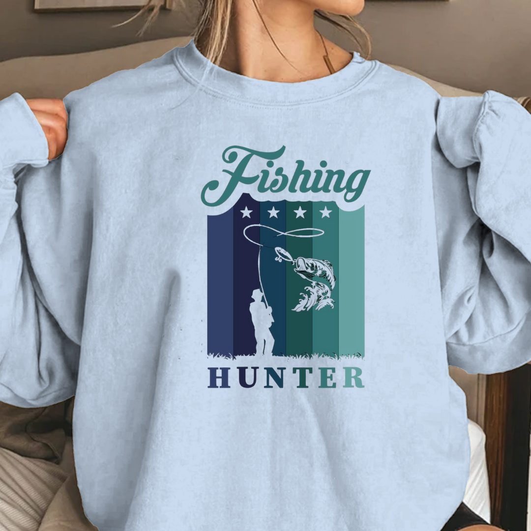 Fishing Hunter Crewneck Sweatshirt, Retro Angler Graphic Pullover, Outdoor Adventure Shirt, Fisherman Gift, Vintage Fishing Hobby Tee