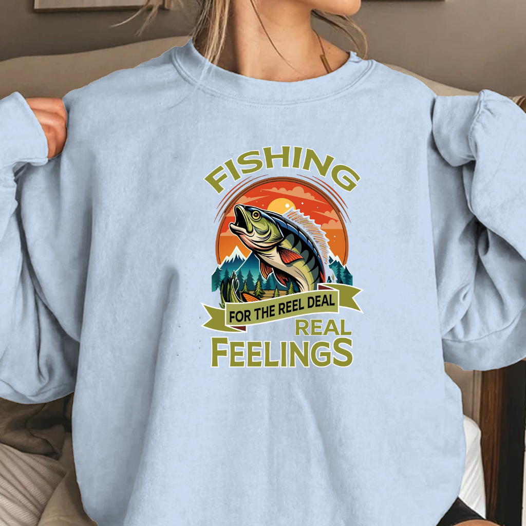 Fishing Crewneck Sweatshirt, "Fishing for the Real Feelings" Retro Trout Design, Angler Gift, Outdoor Adventure Pullover, Fisherman Shirt
