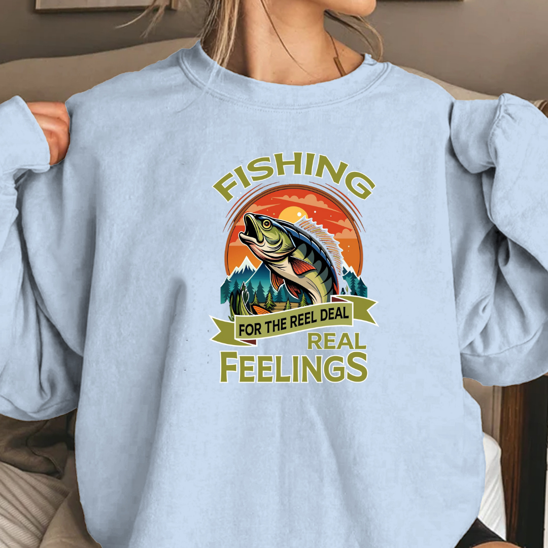 Fishing Crewneck Sweatshirt, "Fishing for the Real Feelings" Retro Trout Design, Angler Gift, Outdoor Adventure Pullover, Fisherman Shirt