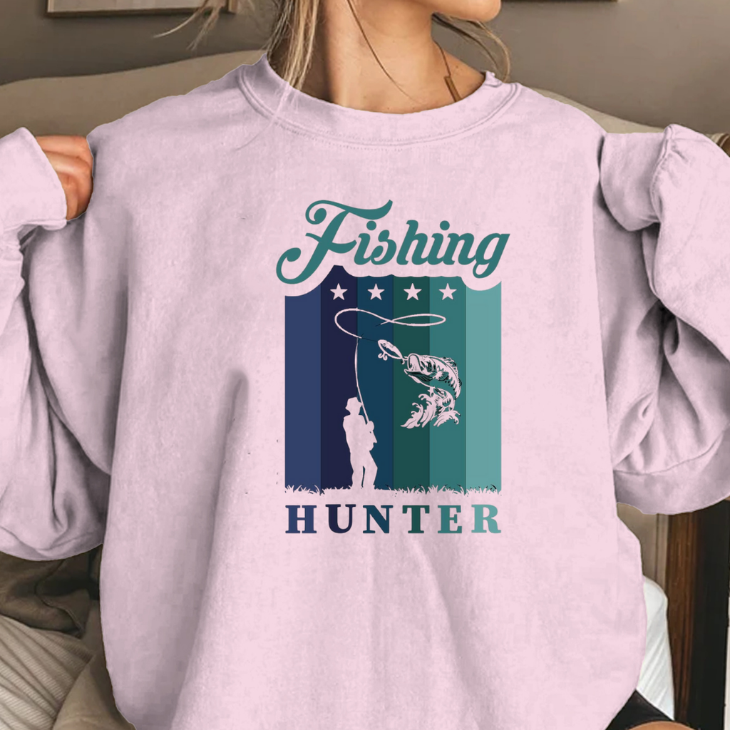 Fishing Hunter Crewneck Sweatshirt, Retro Angler Graphic Pullover, Outdoor Adventure Shirt, Fisherman Gift, Vintage Fishing Hobby Tee
