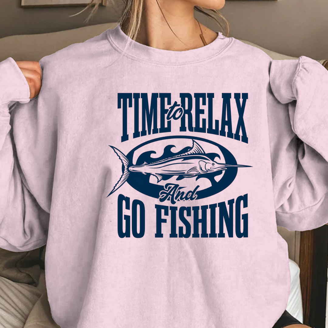 Fishing Crewneck Sweatshirt, "Time to Relax and Go Fishing" Graphic, Funny Angler Pullover, Outdoor Adventure Shirt, Fisherman Gift Tee