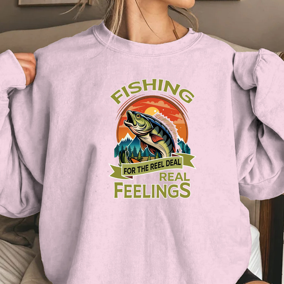 Fishing Crewneck Sweatshirt, "Fishing for the Real Feelings" Retro Trout Design, Angler Gift, Outdoor Adventure Pullover, Fisherman Shirt