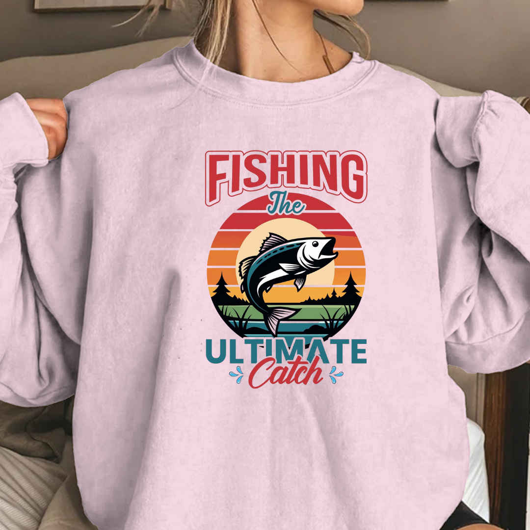 Fishing Crewneck Sweatshirt, “Fishing The Ultimate Catch” Retro Sunset Design, Angler Pullover, Outdoor Adventure Shirt, Fisherman Gift Tee
