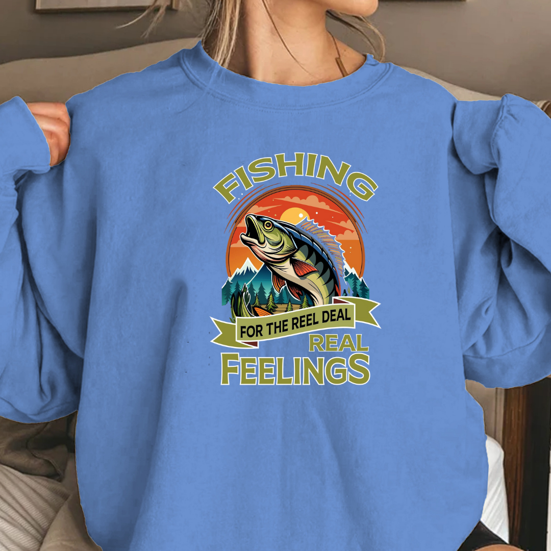 Fishing Crewneck Sweatshirt, "Fishing for the Real Feelings" Retro Trout Design, Angler Gift, Outdoor Adventure Pullover, Fisherman Shirt