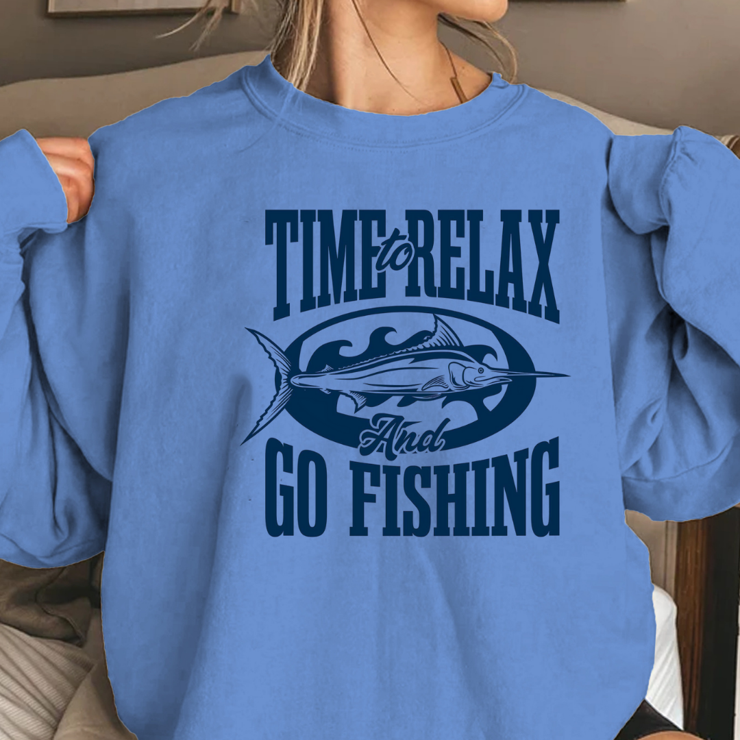 Fishing Crewneck Sweatshirt, "Time to Relax and Go Fishing" Graphic, Funny Angler Pullover, Outdoor Adventure Shirt, Fisherman Gift Tee
